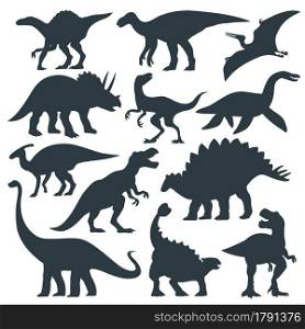 Big set of dinosaur silhouette hand drawn illustration. Animal vector drawing isolated on white background
