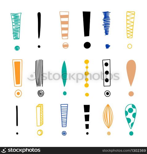 Big set of doodle drawings of exclamation marks. Hand drawn vector elements.