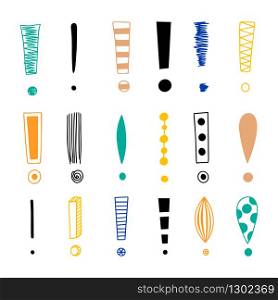 Big set of doodle drawings of exclamation marks. Hand drawn vector elements.