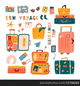 Big set of doodle suitcases, luggage cases, bags. Travel holiday stuff. Vector illustration in a flat style. Big set of doodle suitcases, luggage cases, bags.