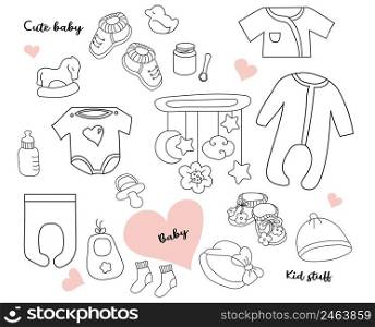 Big Set of doodles. Clothes, toys and things for a newborn baby. Line, outline. Isolated on white. Vector illustration