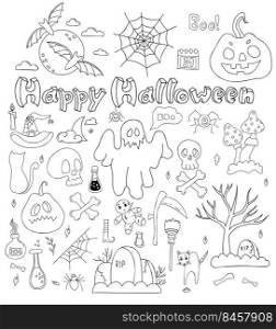 Big set of doodles Happy Halloween. Jack pumpkin, ghost, bat and skull and crossbones, graveyard, grave, fly agaric and witchs potion. Vector isolated outline elements for decor, design, decoration