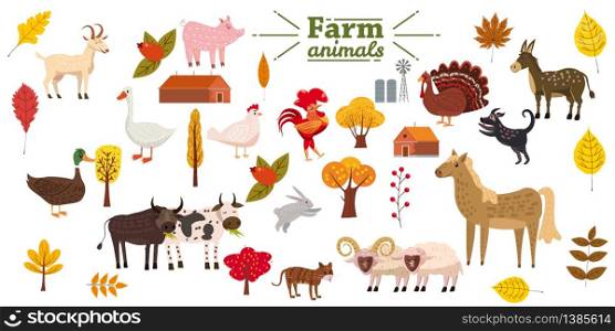 Big set of farm animals, pig, rabbit, cow, bull, cat, dog goose duck turkey donkey goat sheep ram. Big set of farm animals, pig, rabbit, cow, bull, cat, dog, goose, duck, turkey, donkey, goat, sheep, ram, modern stylized trees and leaves, autumn, vector, illustration, isolated
