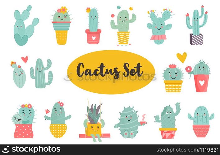 Big set of funny cacti characters. Different poses and actions. Vector illustration of kawaii succulents. Big set of cacti characters in different poses