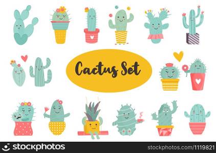 Big set of funny cacti characters. Different poses and actions. Vector illustration of kawaii succulents. Big set of cacti characters in different poses
