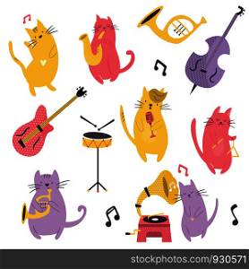 Big set of funny cats playing musical instruments. Different kinds of instruments. Big set of funny cats playing musical instruments