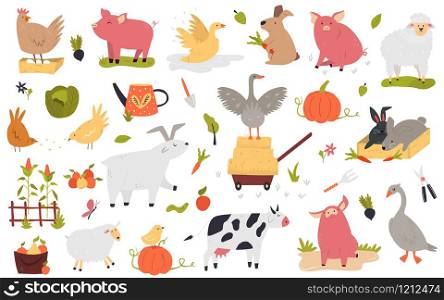 Big set of funny farm animals cow, piglet, rabbit, hen, goose, goat sheep. Big set of funny cute farm animals
