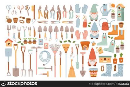 Big set of gardening items in hand drawn style. Agricultural and garden tools for spring work. Vector isolated on white
