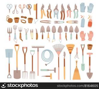 Big set of gardening items in hand drawn style. Agricultural and garden tools for spring work. Vector isolated on white