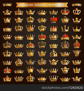 Big set of golden royal crown tiara king queen headwear heraldic silhouette icons