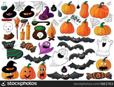 Big set of Halloween design elements in hand draw style. Pumpkins, bats, ghosts, cobwebs. Halloween icons, cartoon style. Sign, sticker, pin. Halloween design. Halloween elements, cartoon style