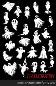 Big set of Halloween flying ghosts on dark background for holiday party theme design. Big set of Halloween flying ghosts