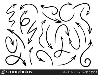 Big set of hand-drawn arrows on a white background. Illustration of doodle sketch arrows.