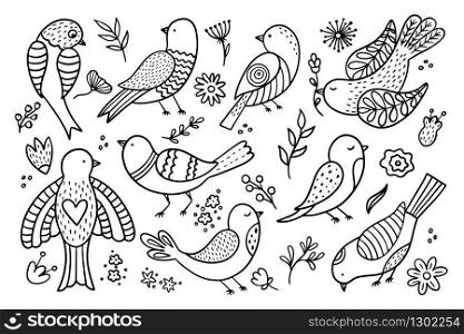 Big set of hand drawn birds. Doodle collection with spring birds.