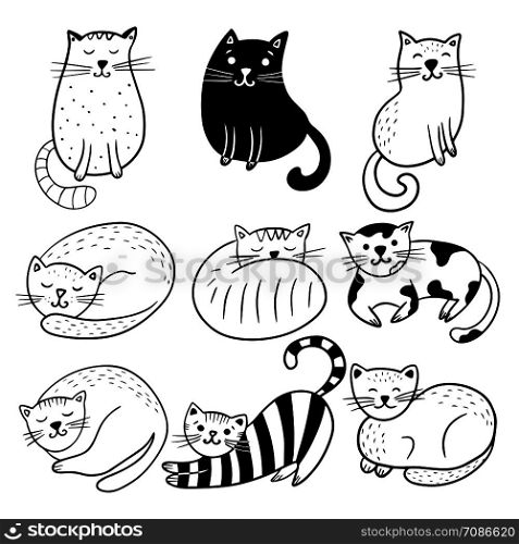 Big set of hand drawn cats on a white background. Vector illustration. Doodle sketch.