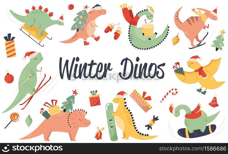 Big set of hand drawn Christmas dinos and holiday toys in a flat style. Vector festive illustrations.. Big set of hand drawn Christmas dinos and holiday toys. Vector festive illustrations.