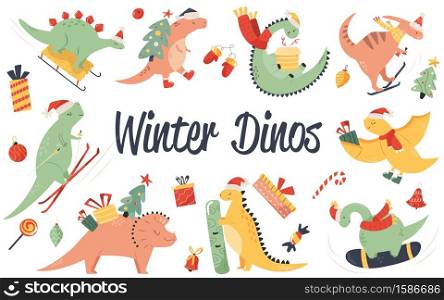 Big set of hand drawn Christmas dinos and holiday toys in a flat style. Vector festive illustrations.. Big set of hand drawn Christmas dinos and holiday toys. Vector festive illustrations.