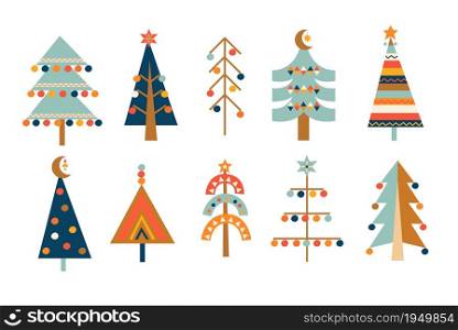 Big set of hand drawn christmas trees with toys in Scandinavian style. Xmas isolated cozy decor elements. Template for print, wishing,design,leaflets, posters, business cards, web.Vector illustration.. Big set hand drawn christmas trees.