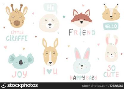 Big set of hand drawn cute animals ant text. Giraffe, seal. fox, squirrel, koala, kangaroo, rabbit, llama. Big set of hand drawn cute animals ant text.