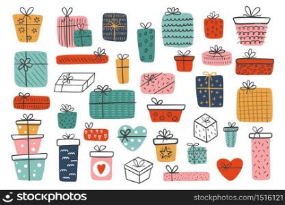Big set of hand-drawn different gift boxes isolated on a white background. Colorful gifts for Valentine&rsquo;s Day, Christmas Day, New Year, Birthday.