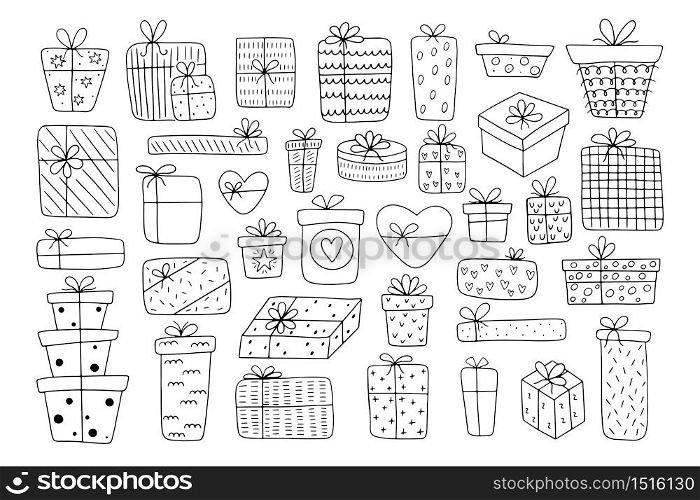 Big set of hand-drawn different gift boxes isolated on a white background. Doodle gifts in Scandinavian style for Valentine&rsquo;s Day, Christmas Day, New Year, Birthday.