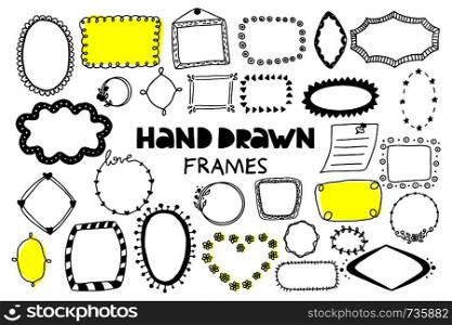 Big set of hand drawn frames on a white background. Doodle style. Vector illustration.