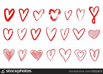 Big set of hand-drawn hearts on a white background. Doodle style. Vector illustration.