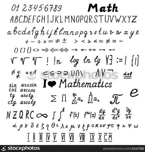 Big set of hand-drawn mathematical signs and symbols, latin and greek alphabet, roman numerals.Vector illustration