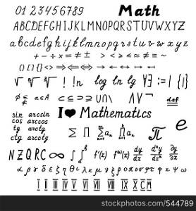 Big set of hand-drawn mathematical signs and symbols, latin and greek alphabet, roman numerals.Vector illustration