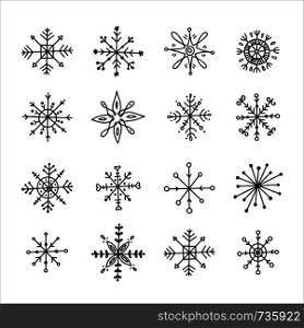 Big set of hand drawn snowflakes on a white background. Doodle style. Vector illustration.