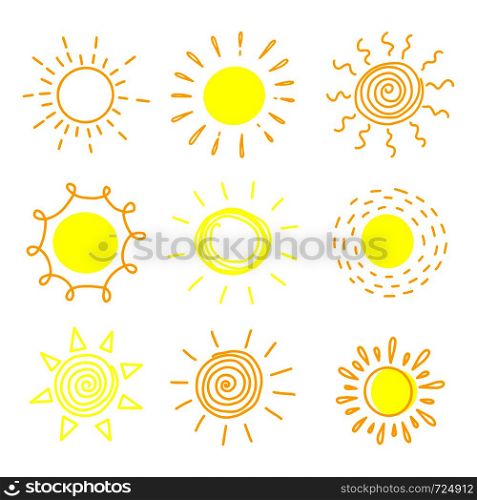 Big set of hand drawn suns on a white background. Doodle style. Vector illustration.