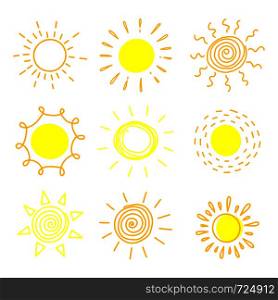 Big set of hand drawn suns on a white background. Doodle style. Vector illustration.