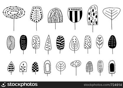 Big set of hand drawn trees on a white background. Doodle style. Vector illustration.