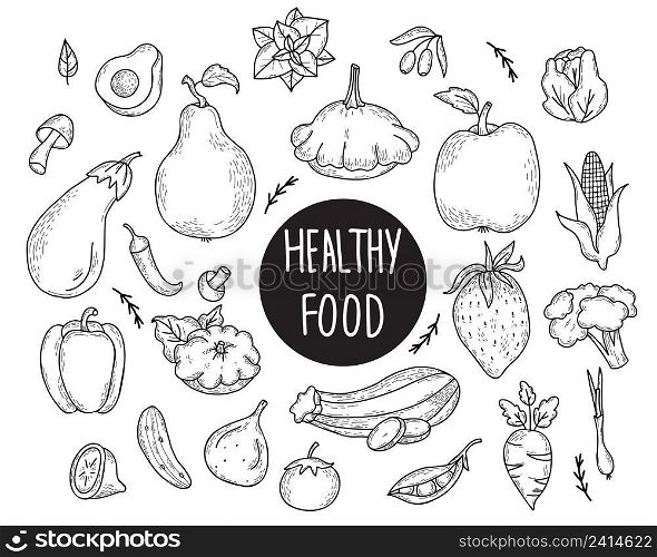 Big set of hand drawn vector drawings of vegetables and fruits. Healthy food - avocado and squash, olives and mint, broccoli and figs, corn and chili. Isolated linear doodles on white background