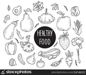 Big set of hand drawn vector drawings of vegetables and fruits. Healthy food - avocado and squash, olives and mint, broccoli and figs, corn and chili. Isolated linear doodles on white background