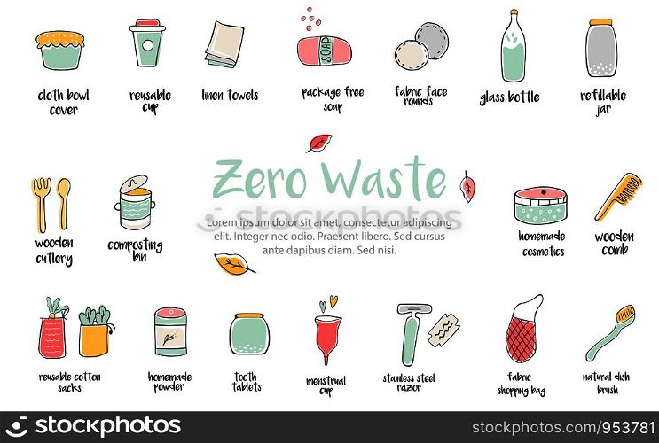Big set of hand drawn zero waste icons. Canvas bags, glass bottle, jars, reusable cups, wooden cutlery, bamboo comb, linen towels. Big set of hand drawn zero waste icons