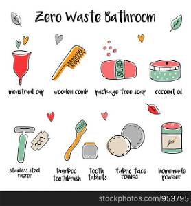 Big set of hand drawn zero waste icons for bathroom.. Big set of hand drawn icons for zero waste bathroom