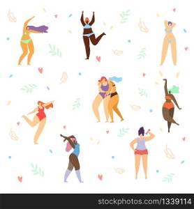 Big Set of Happy Multinational Plus Size Women in Bikini, Swimming Suits Dancing on White Background with Doodle Drawing Pattern with Leaves and Hearts. Body Positive. Cartoon Flat Vector Illustration. Plus Size Women in Bikini, Swimming Suits Dancing