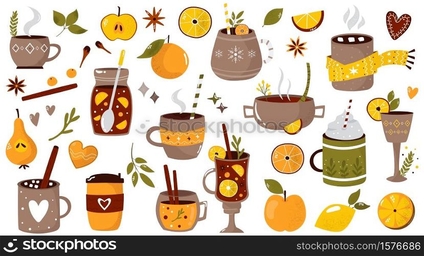 Big set of hot drinks mulled wine, cocoa, coffee and spices. Seasons beverages. Hand drawn vector illustration.. Big set of hot drinks mulled wine, cocoa, coffee and spices.