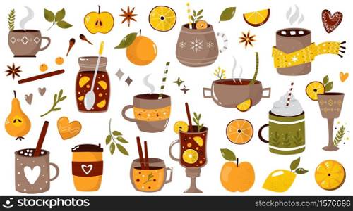 Big set of hot drinks mulled wine, cocoa, coffee and spices. Seasons beverages. Hand drawn vector illustration.. Big set of hot drinks mulled wine, cocoa, coffee and spices.