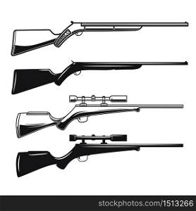 Big set of hunting guns, rifles. Design element for logo, label, sign, poster, t shirt. Vector illustration