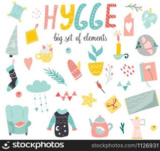 Big set of Hygge elements in scandinavian style.. Big set of Hygge elements in scandinavian style