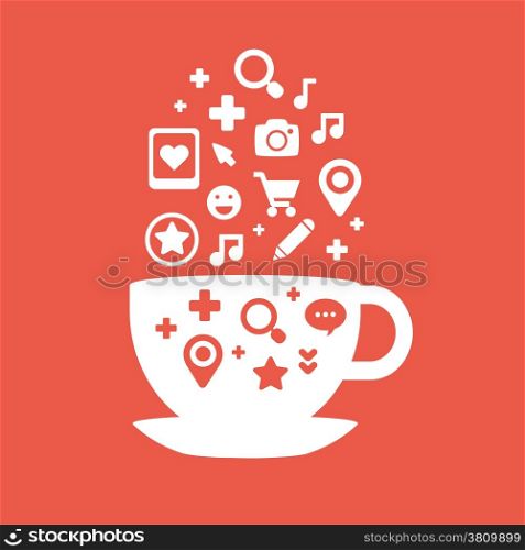 big set of icons of cups of coffee fly white and red colors