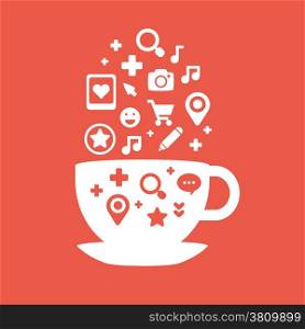 big set of icons of cups of coffee fly white and red colors