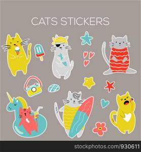 Big set of icons, stickers of funny summer cats. Vector illustration. Big set of icons, stickers of funny summer cats