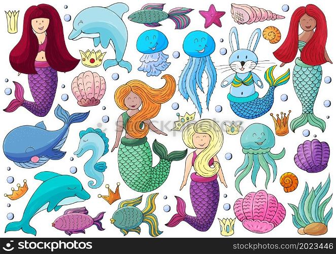 Big set of illustrations on the marine theme. Mermaids and sea elements in hand draw style. Collection of vector illustrations for your design. Sign, sticker, pin. Set of illustrations on the marine theme