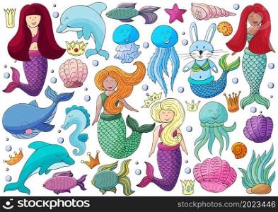 Big set of illustrations on the marine theme. Mermaids and sea elements in hand draw style. Collection of vector illustrations for your design. Sign, sticker, pin. Set of illustrations on the marine theme