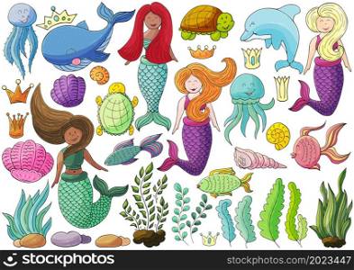 Big set of illustrations on the marine theme. Mermaids and sea elements in hand draw style. Collection of vector illustrations for your design. Sign, sticker. Set of illustrations on the marine theme