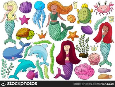 Big set of illustrations on the marine theme. Mermaids and sea elements in hand draw style. Collection of vector illustrations for your design. Sign. Set of illustrations on the marine theme