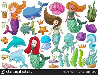 Big set of illustrations on the marine theme. Mermaids and sea elements in hand draw style. Collection of vector illustrations for your design. Set of illustrations on the marine theme